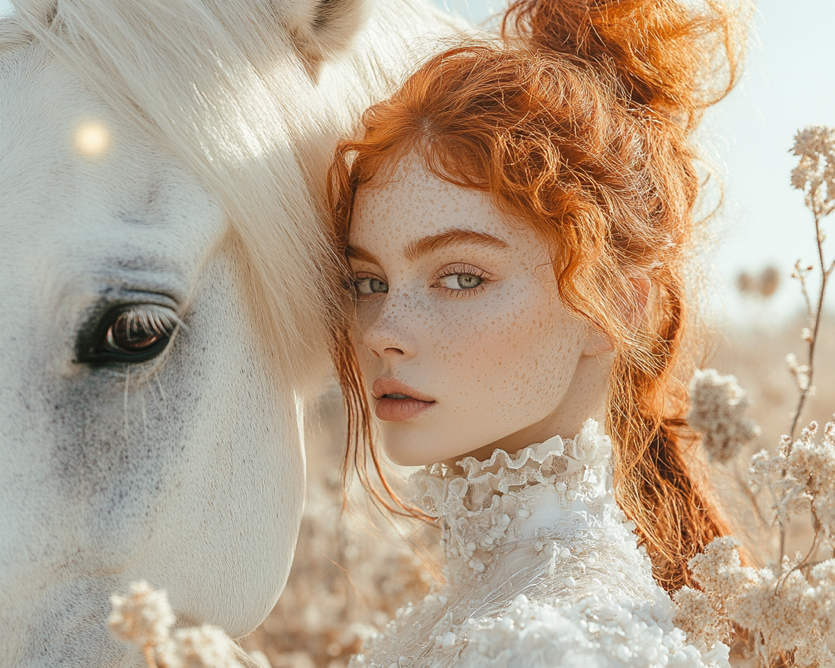 Concentrated Female Holding Horse in Surreal Landscape