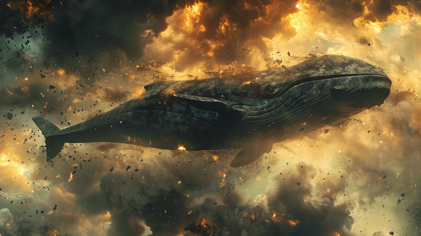 Concept art of space whale emerging from Jupiter.