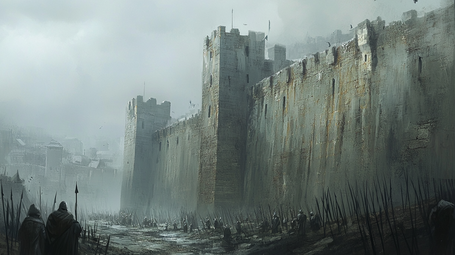 Concept art: medieval fantasy city with towering palisade walls