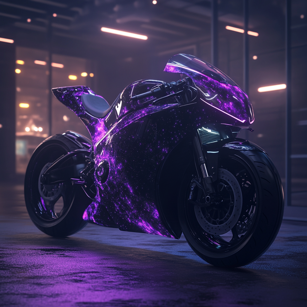 Concept motorcycle styled after Yamaha R3, black with purple.