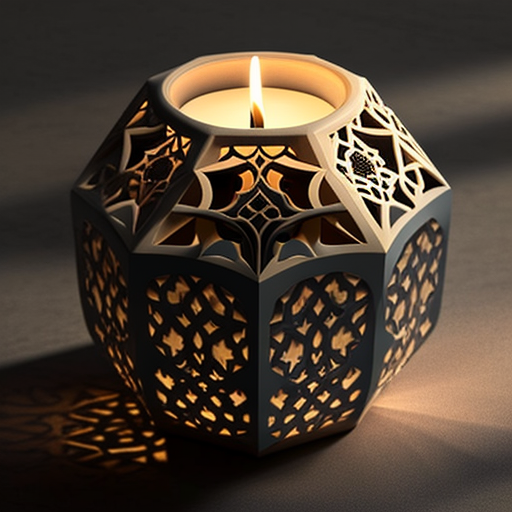 Concrete and silver candle stand with moqarnasat patterns reflecting light.