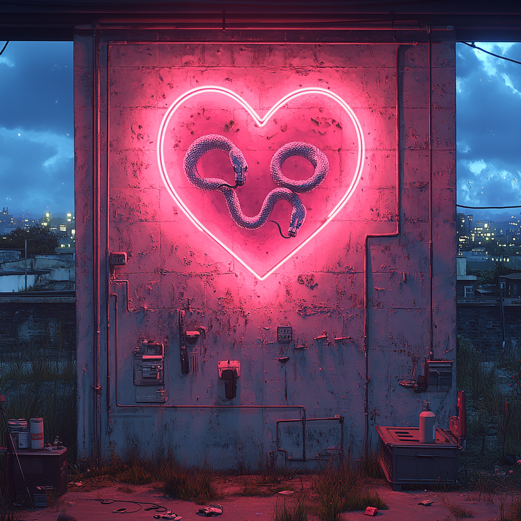 Concrete wall with neon lights, snake graffiti heart, cityscape.