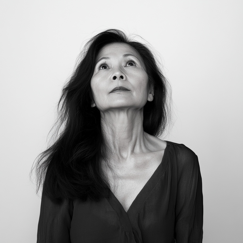 Confident 59-Year-Old Asian Woman Full Body Profile Black and White Nikon Photo