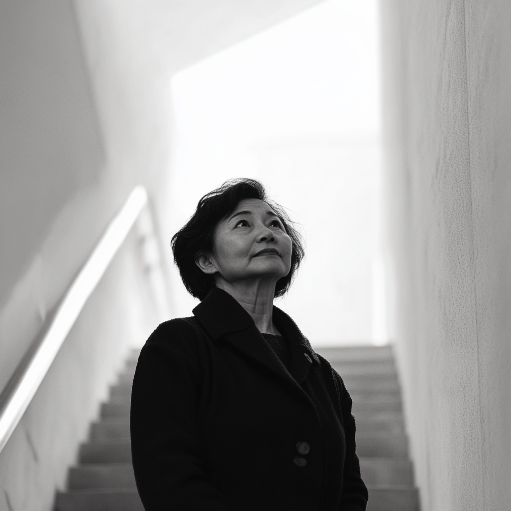 Confident 59-Year-Old Asian Woman on Stairs, Nikon 4k 