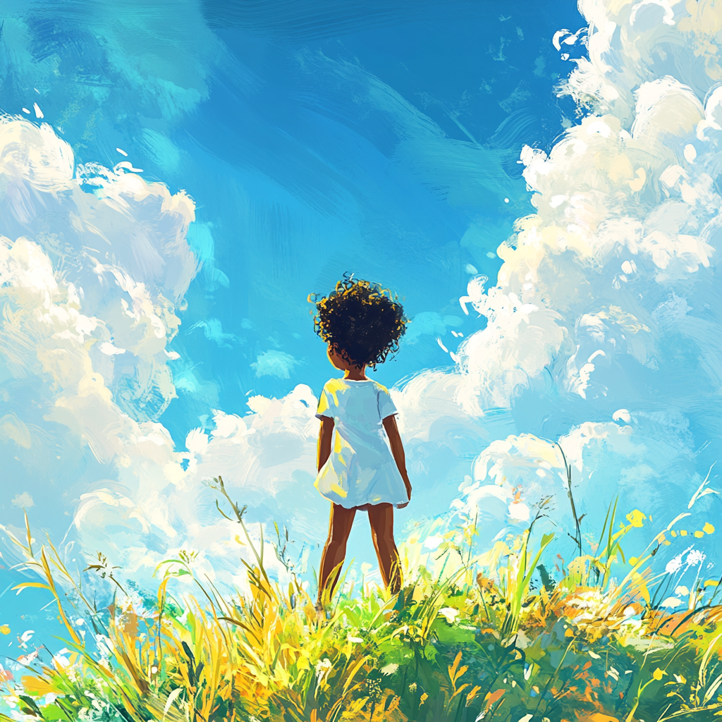 Confident Black Girl on Hill under Blue Sky