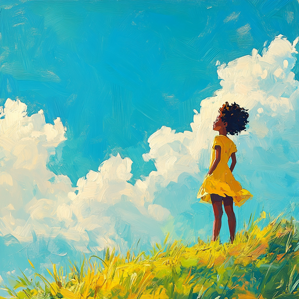 Confident Black child in vibrant, limitless sky scene.