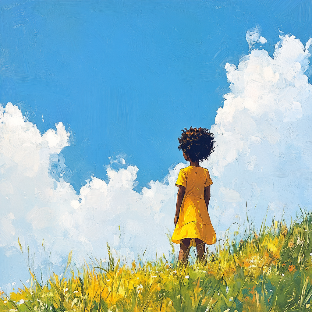 Confident Black child standing joyfully under blue sky