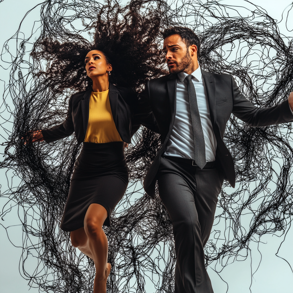 Confident Business Duo Escaping Tangled Mess