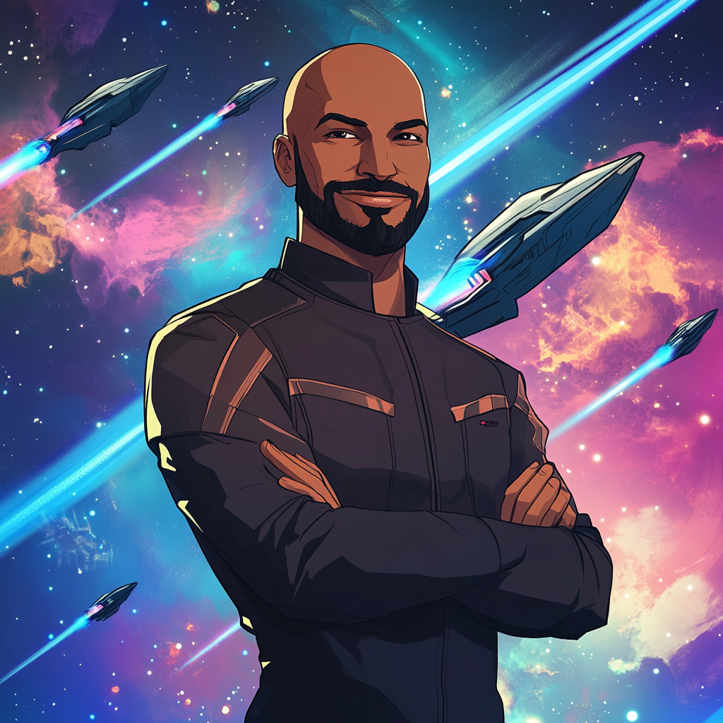 Confident Dominican man in military attire with futuristic space fleet.