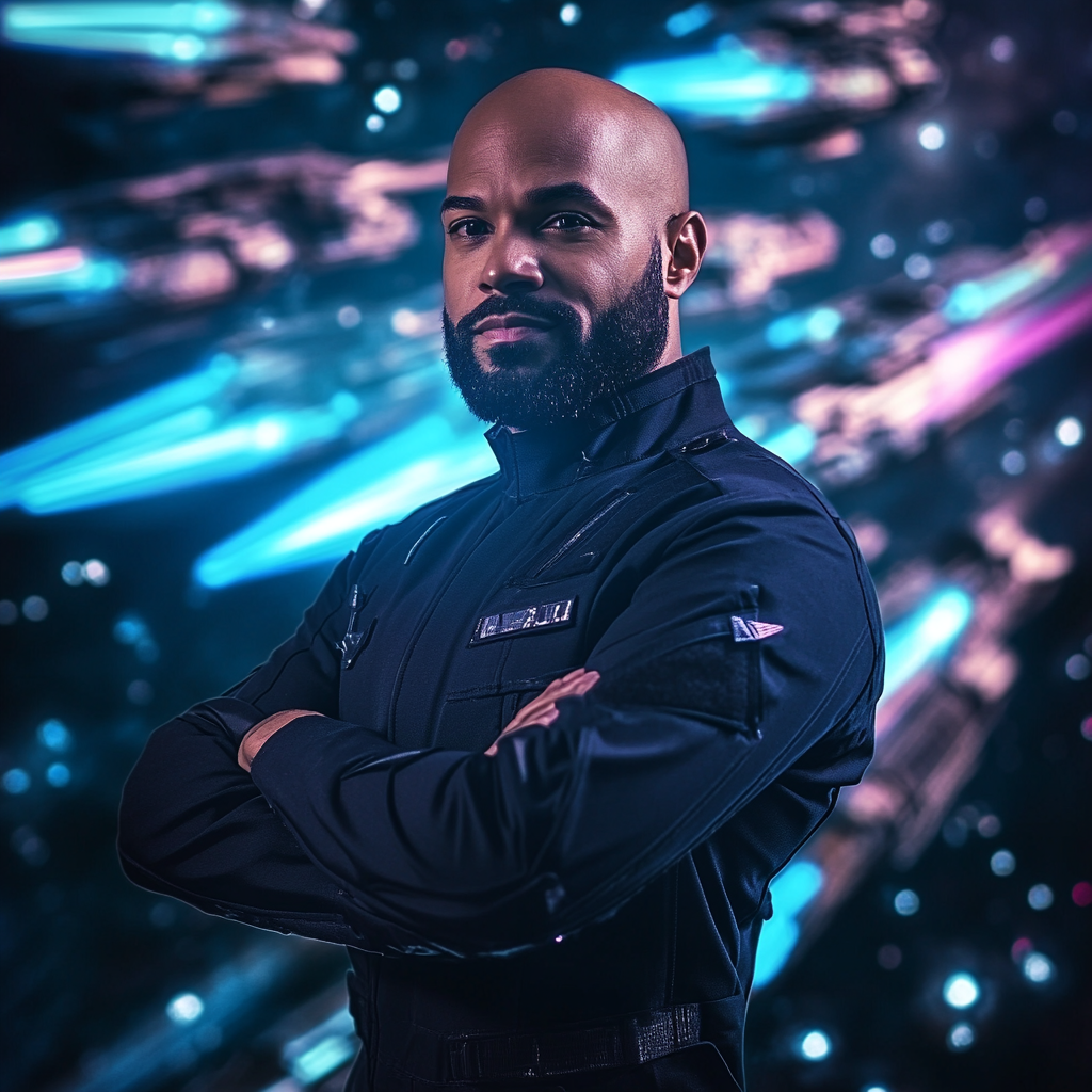 Confident Dominican man in military clothes with futuristic space fleet.