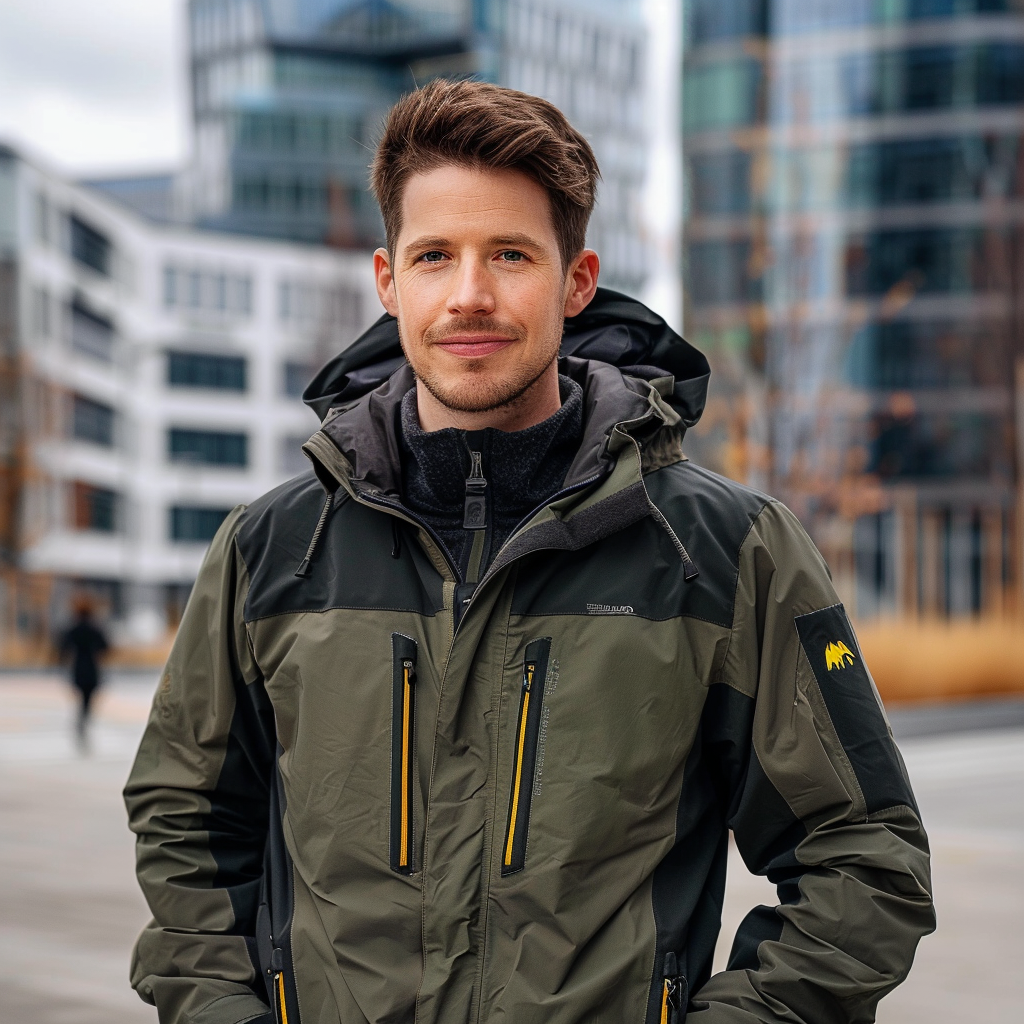 Confident German man in outdoor jacket, urban background.