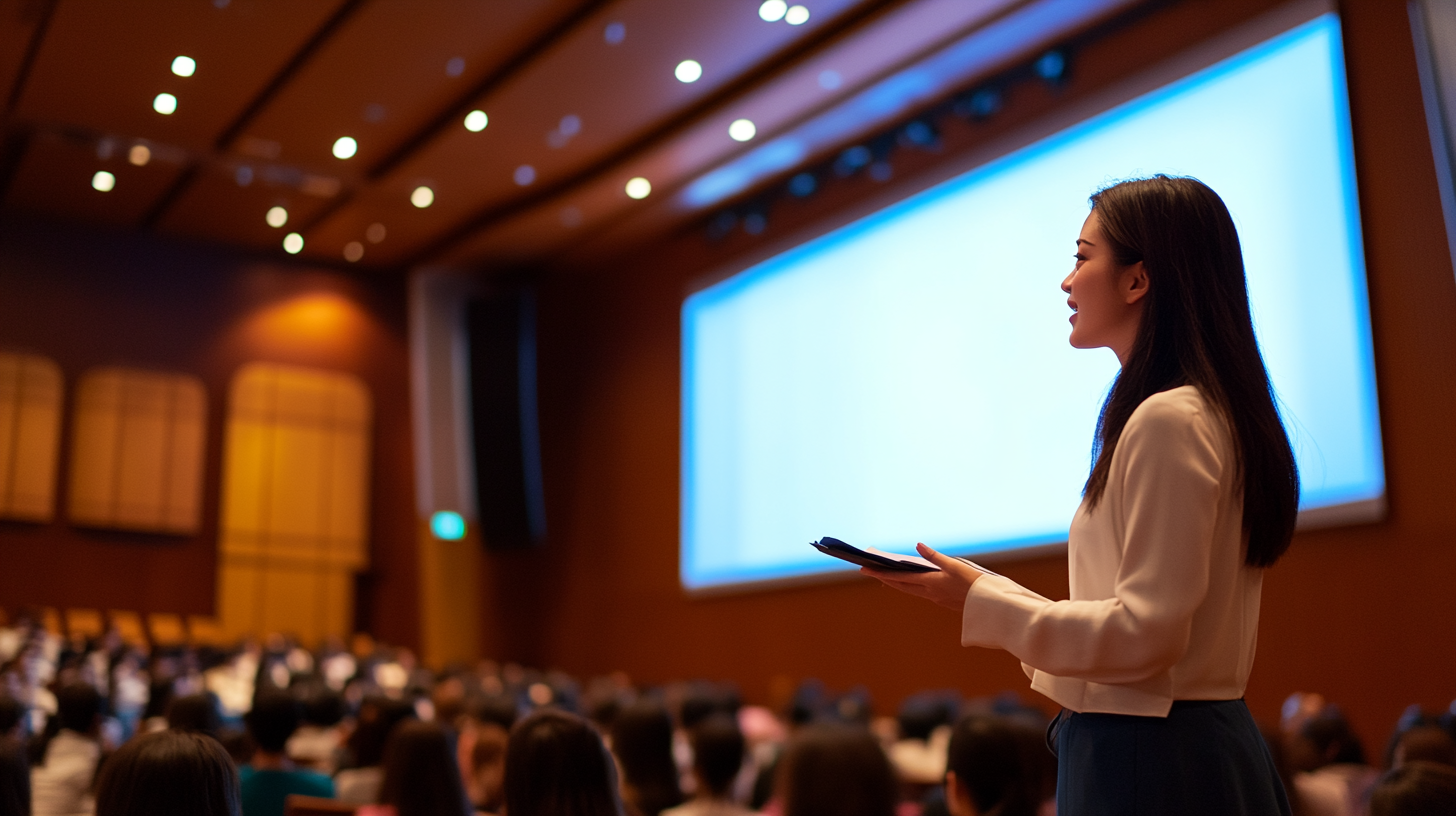 Confident Korean woman lecturing with exquisite presentation screen.