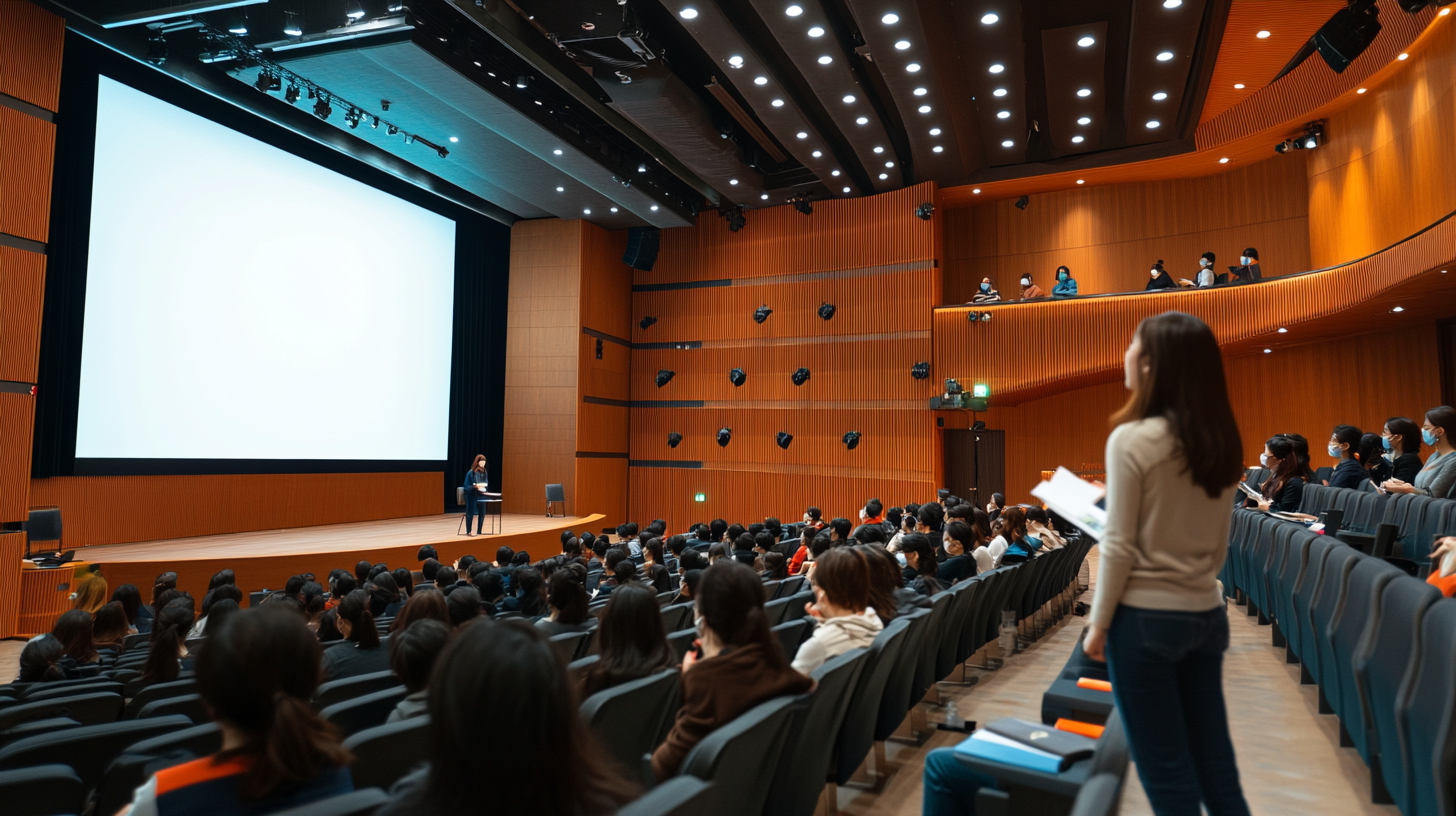 Confident Korean woman lecturing with stunning presentation screen.