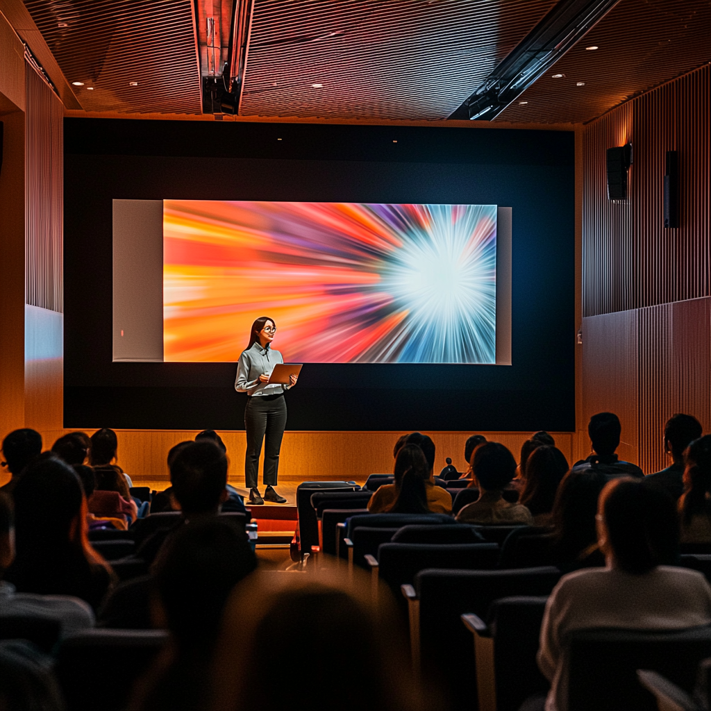 Confident Korean woman presenting in modern auditorium.