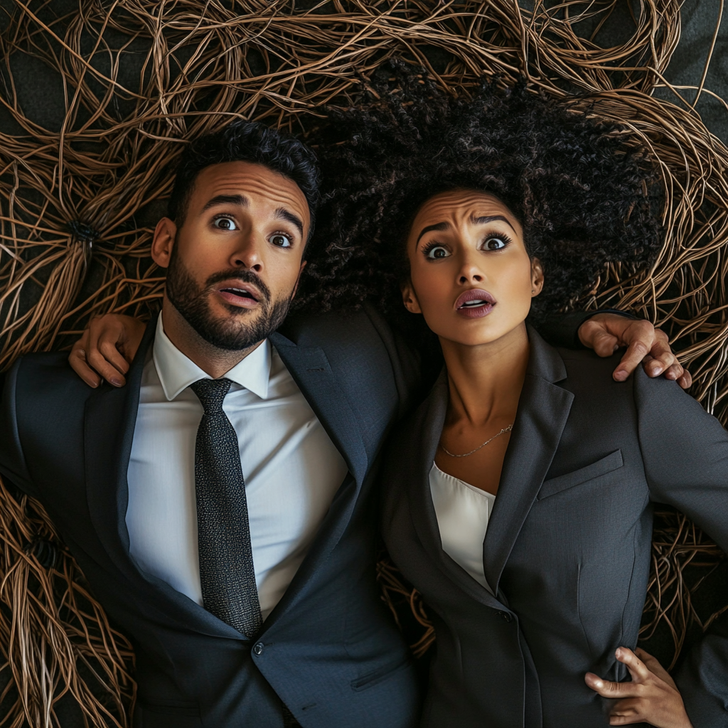 Confident Mixed Race Business Duo Escaping Chaos