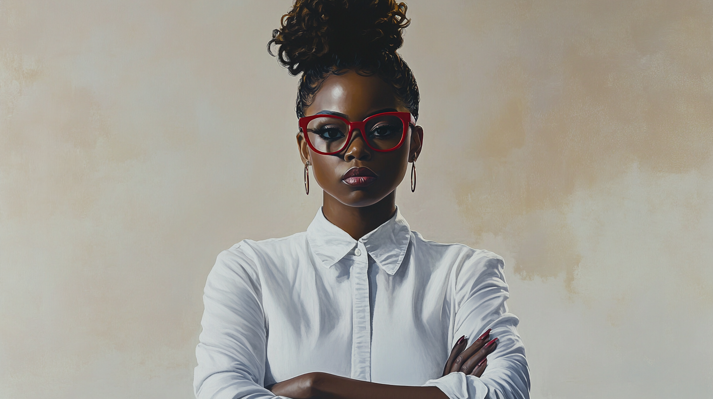 Confident Nia Long with messy bun and red glasses.