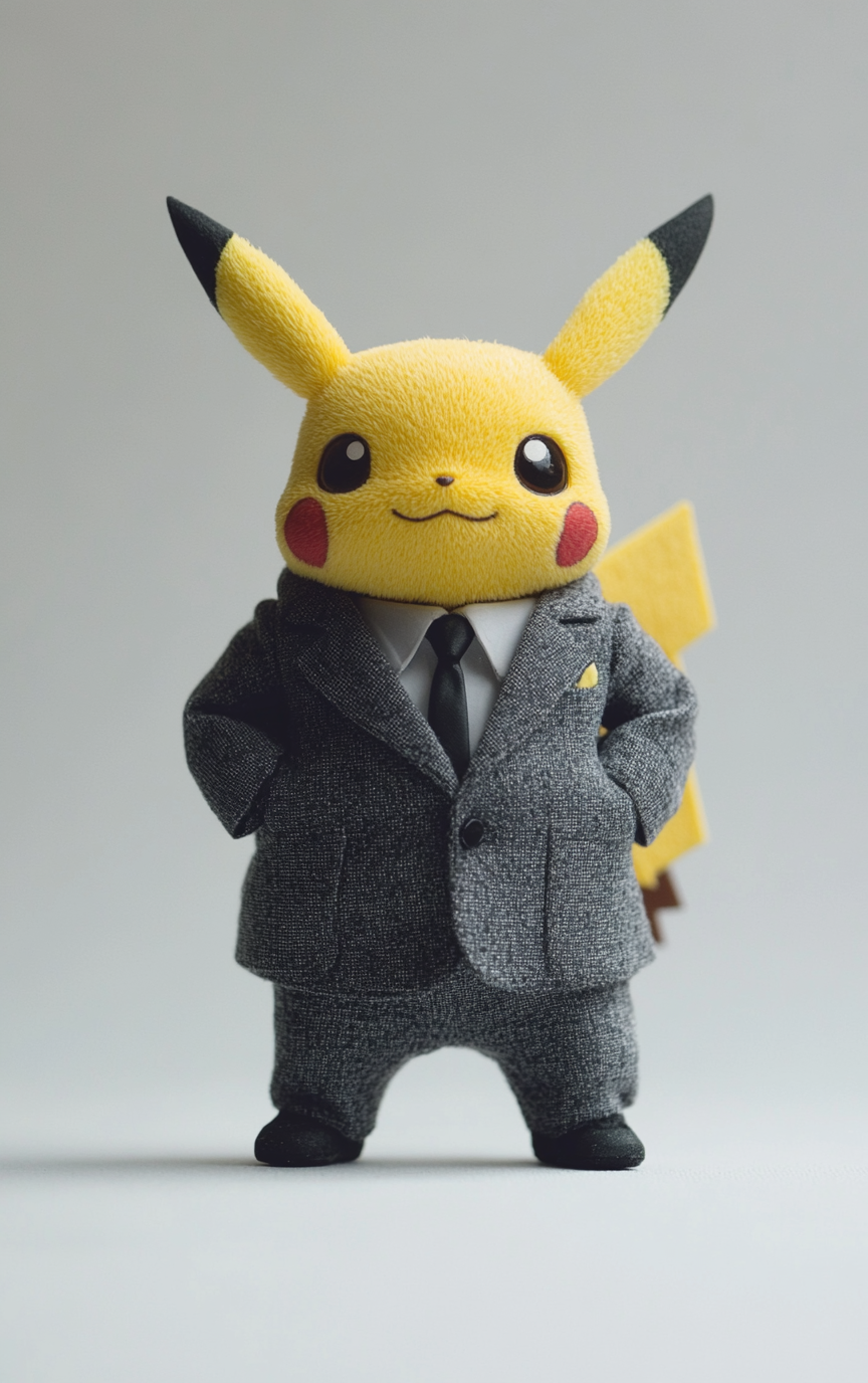 Confident Pikachu giving speech in diorama, white background tilt-shift