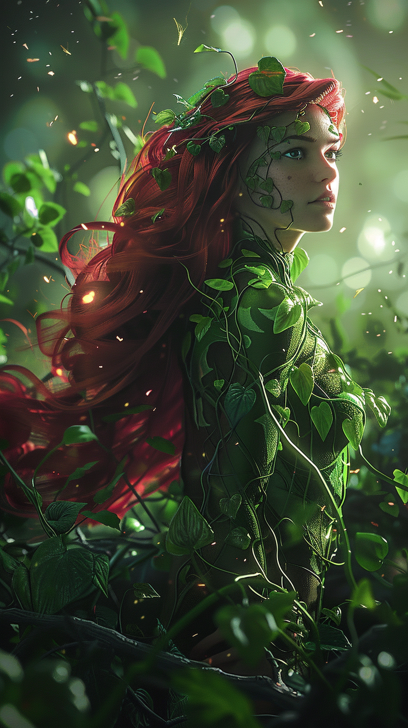 Confident Poison Ivy in garden, vines wrap around arms.