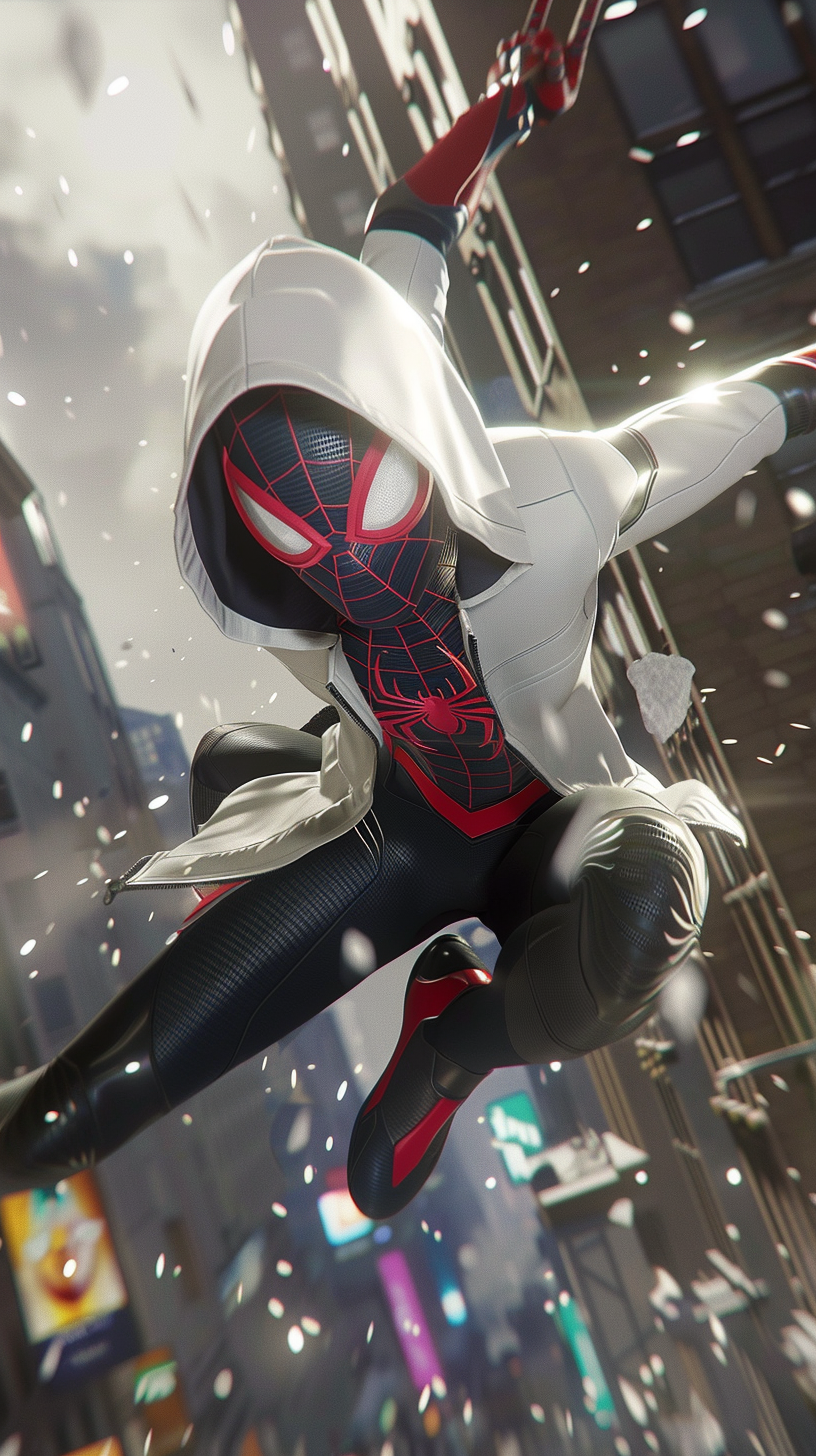 Confident Spider-Gwen flips through city, unmasked and joyful.