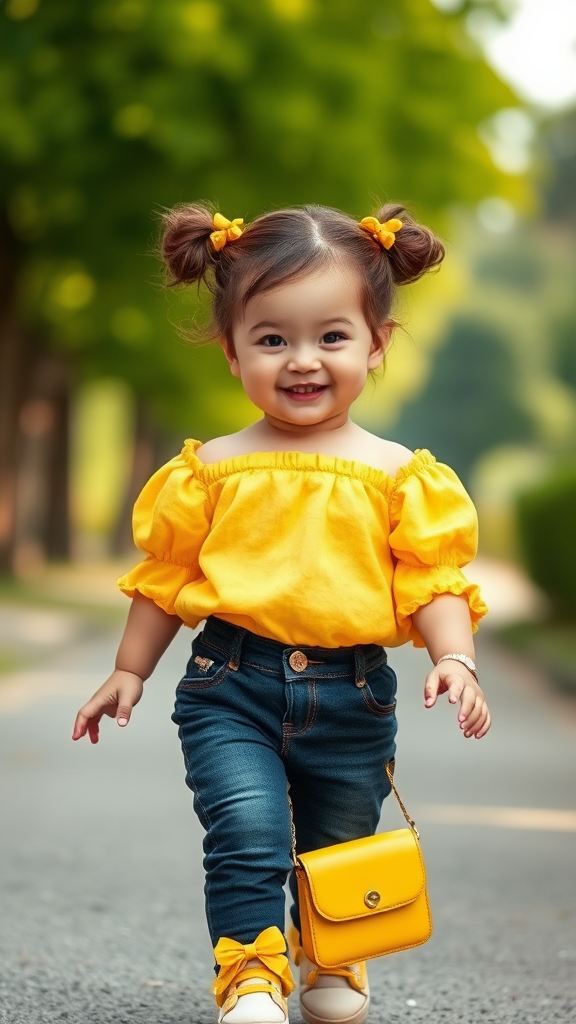 Confident Young Child in Trendy Outfit Strolling Outdoors