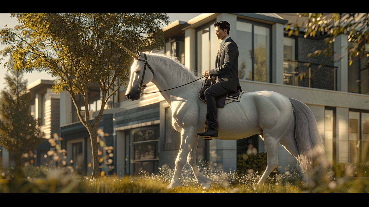 Confident agent rides unicorn in modern neighborhood setting.