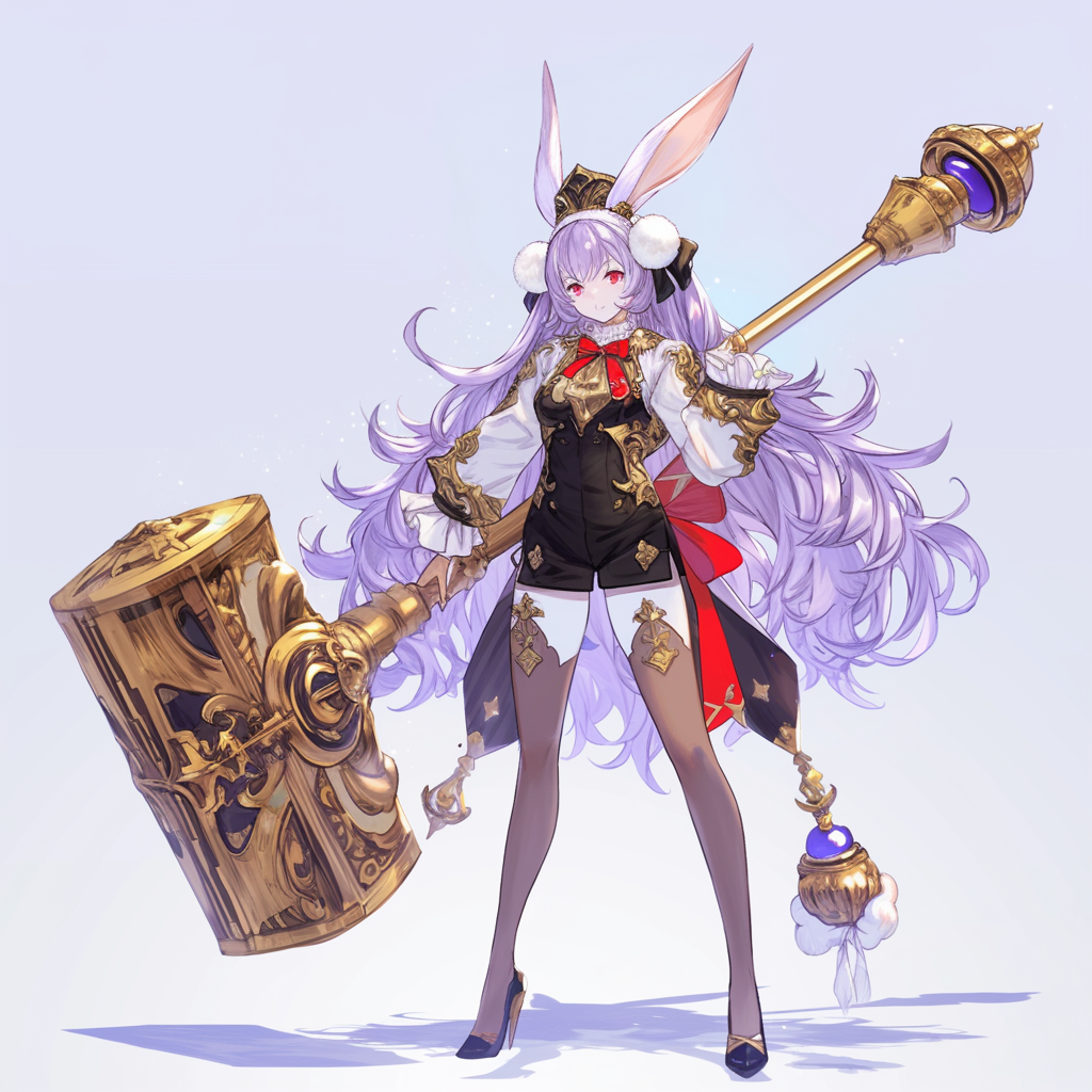 Confident anime-style female with purple hair, bunny ears.