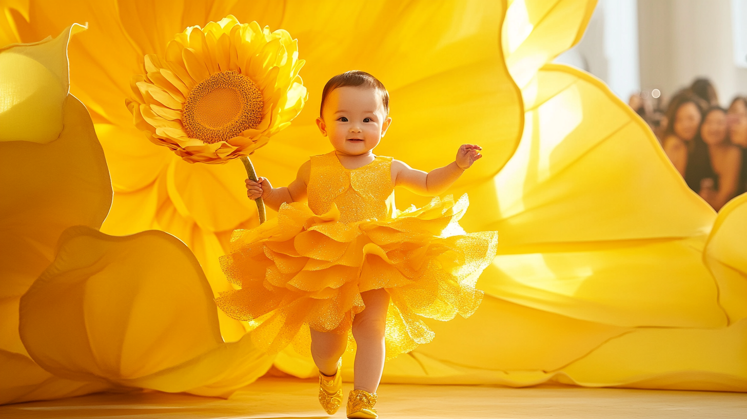 Confident baby in yellow flower outfit walks runway beautifully.