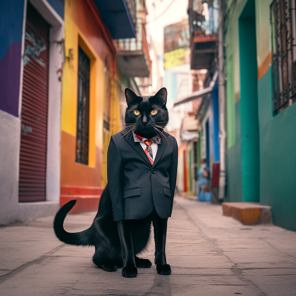 Confident black cat on colorful Venezuelan street, professional style.