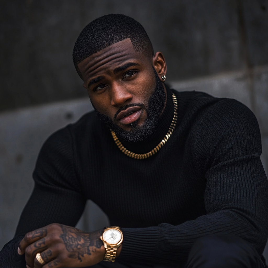 Confident black man in black sweater with tattoos sitting.