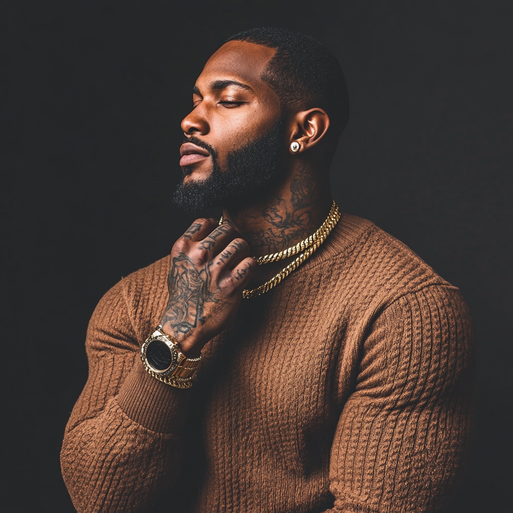 Confident black man in brown sweater with tattoos.