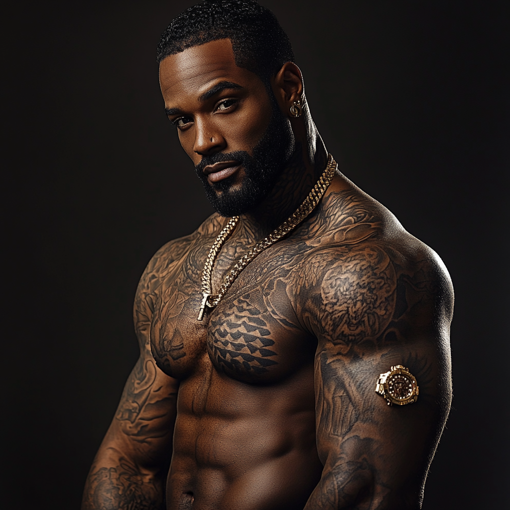 Confident black man with sharp edge up and tattoos.