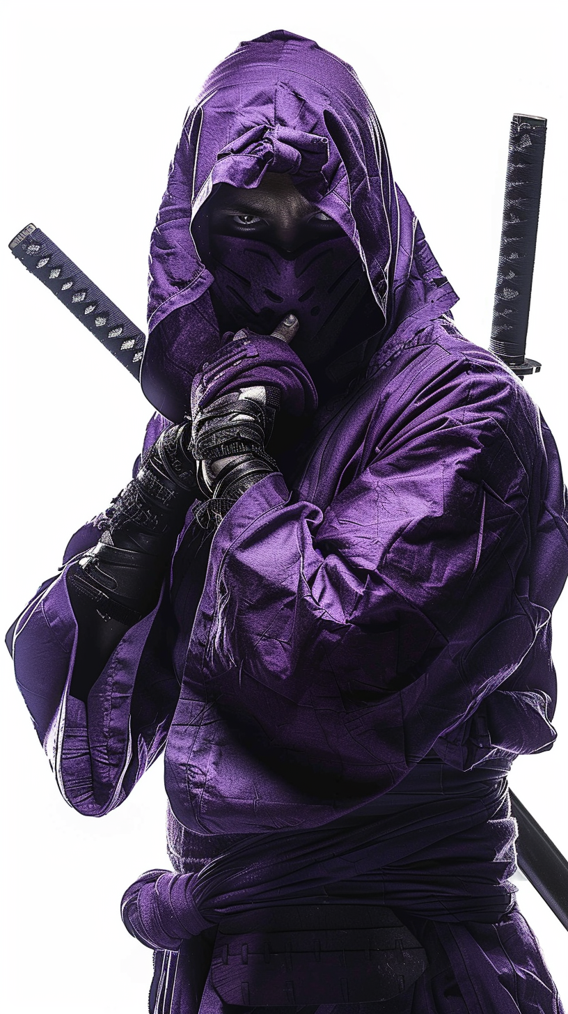 Confident businessman ninja in purple hooded suit, mysterious gesture.