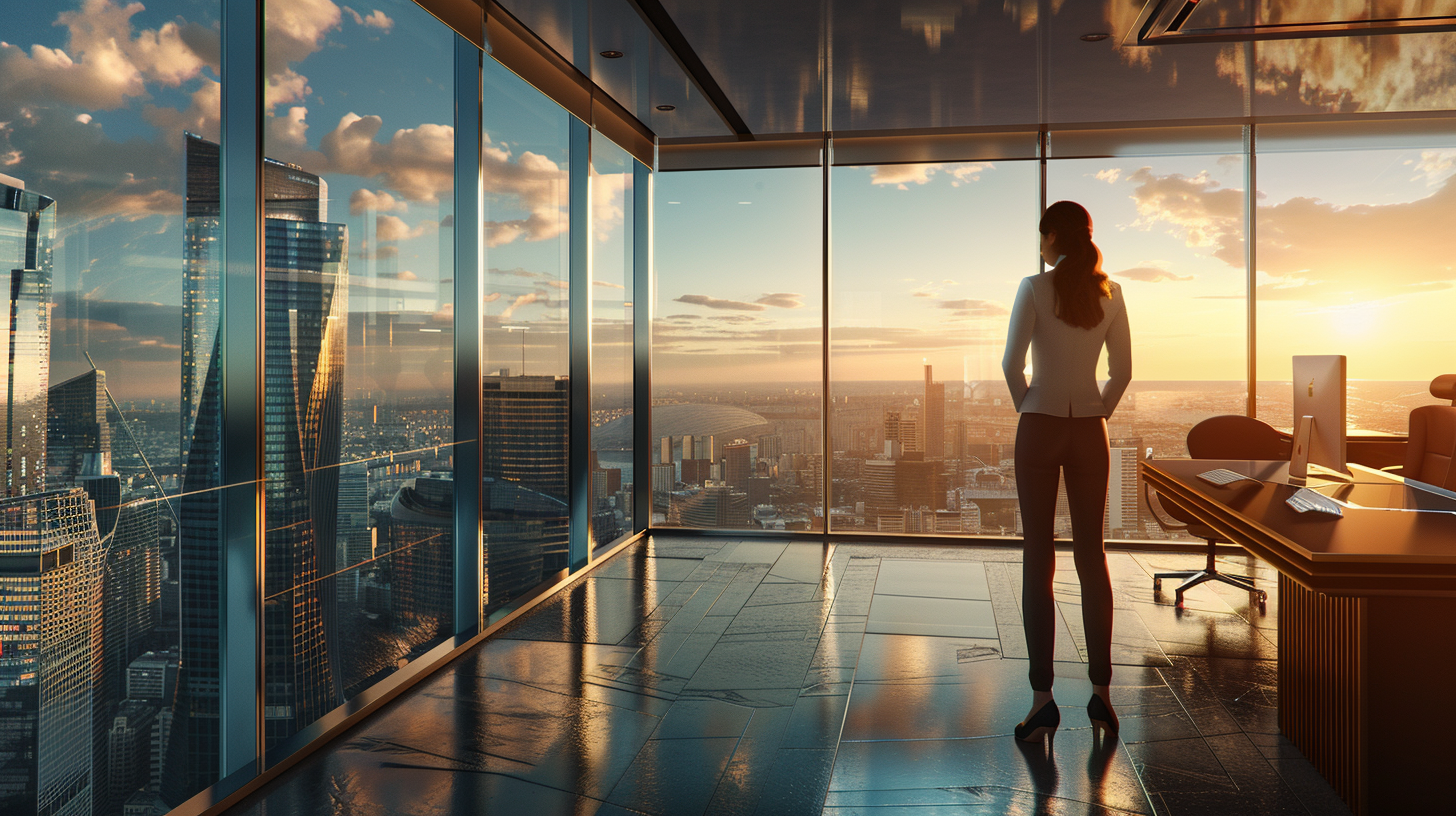 Confident businesswoman in modern office, city view, hd quality.