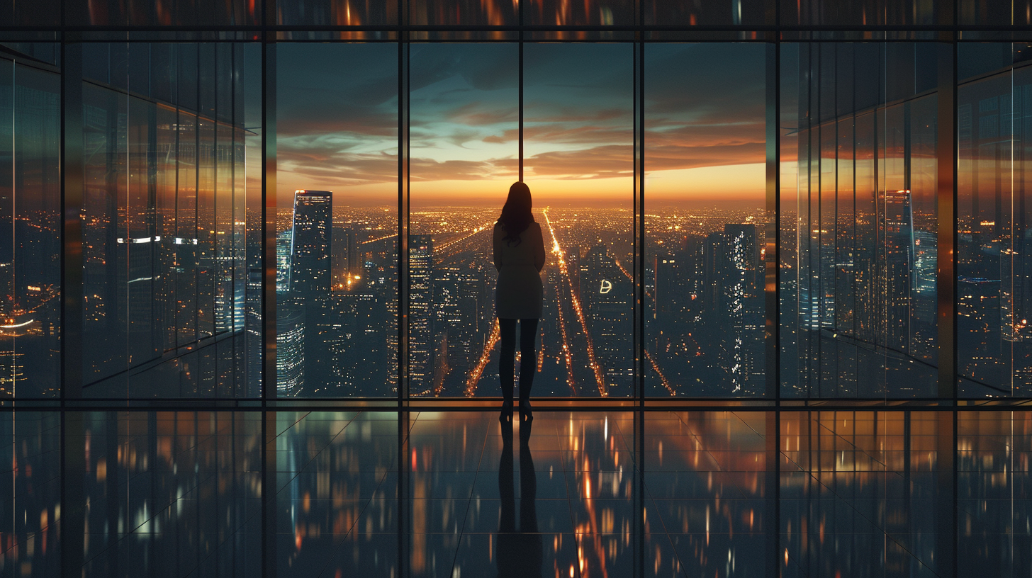 Confident businesswoman in modern office overlooking city lights.