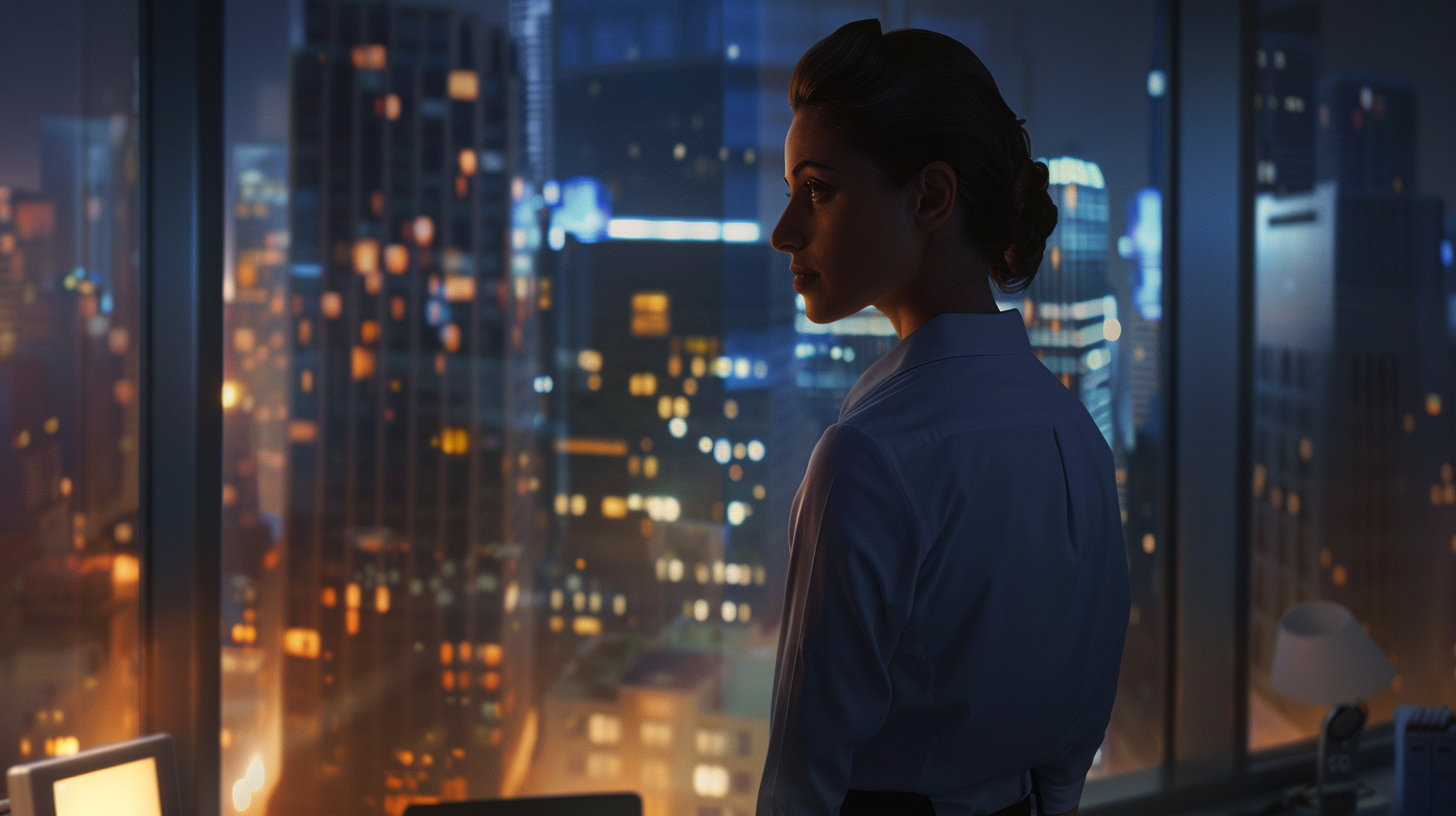 Confident businesswoman views city lights from modern office.