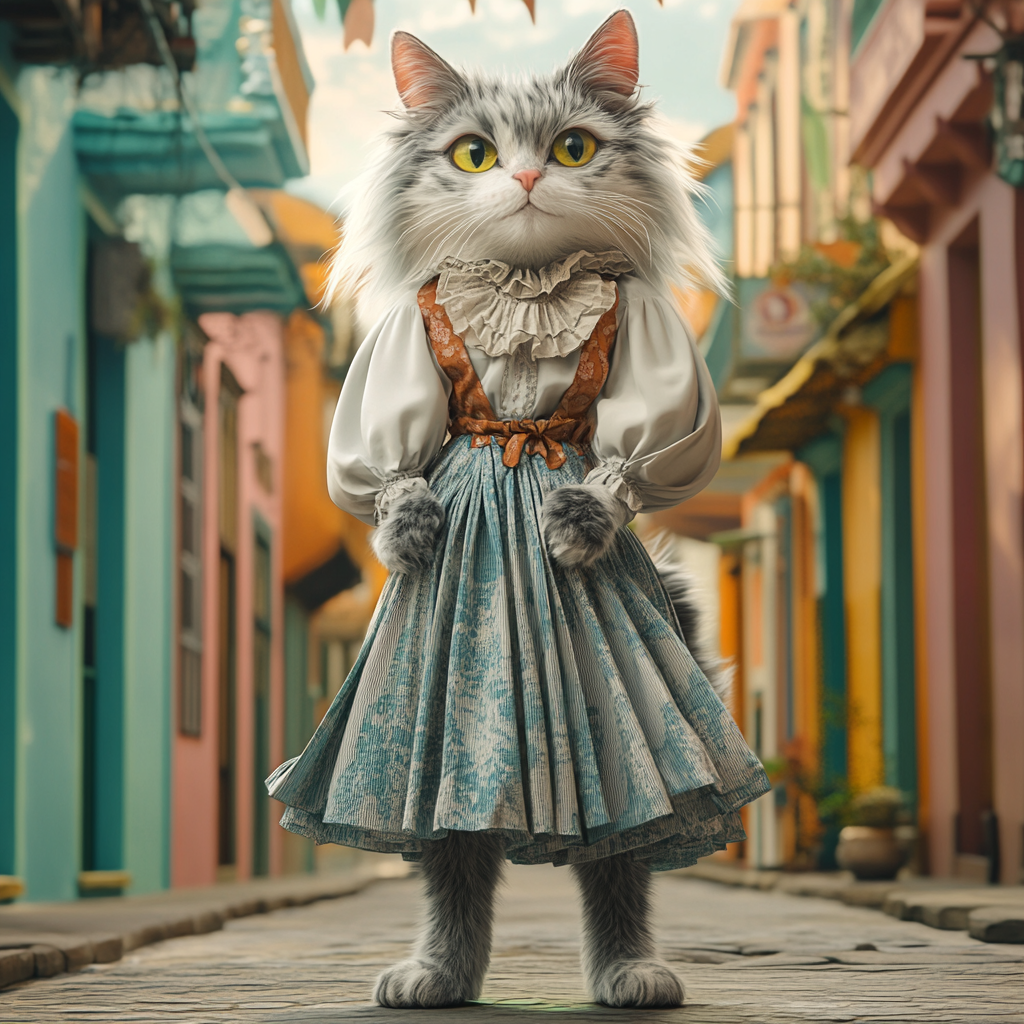 Confident cat in boho outfit on Venezuelan street.