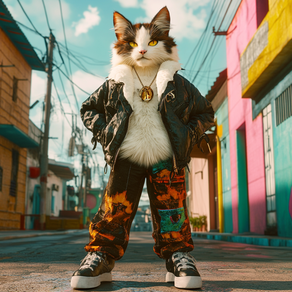 Confident cat in streetwear, fur with black patches.