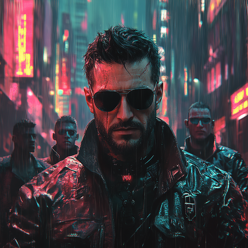 Confident cyberpunk character wears black leather jacket. Neon city.