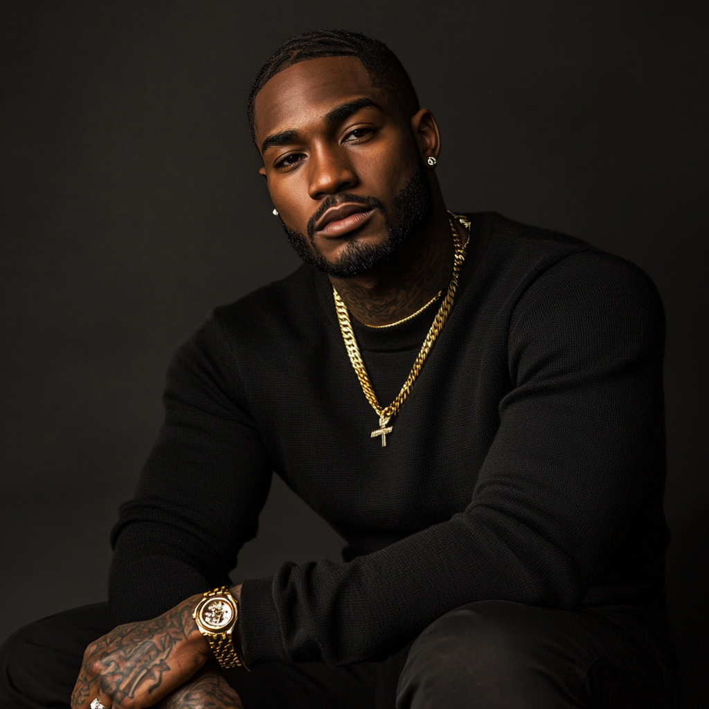 Confident dark-skinned man with tattoos in black attire.