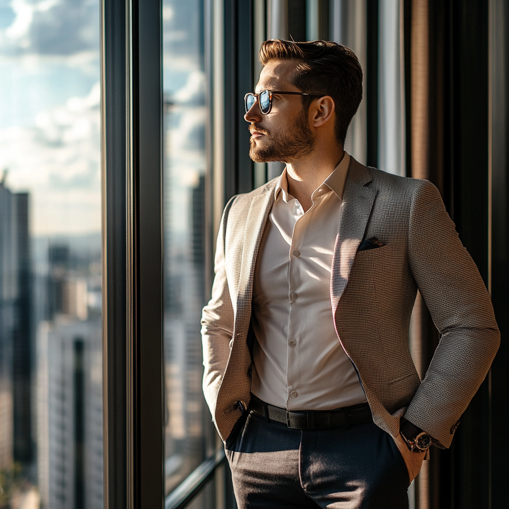 Confident executive looks out window at cityscape view