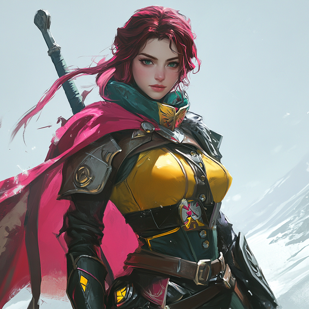 Confident female warrior in pink cape holding weapon.