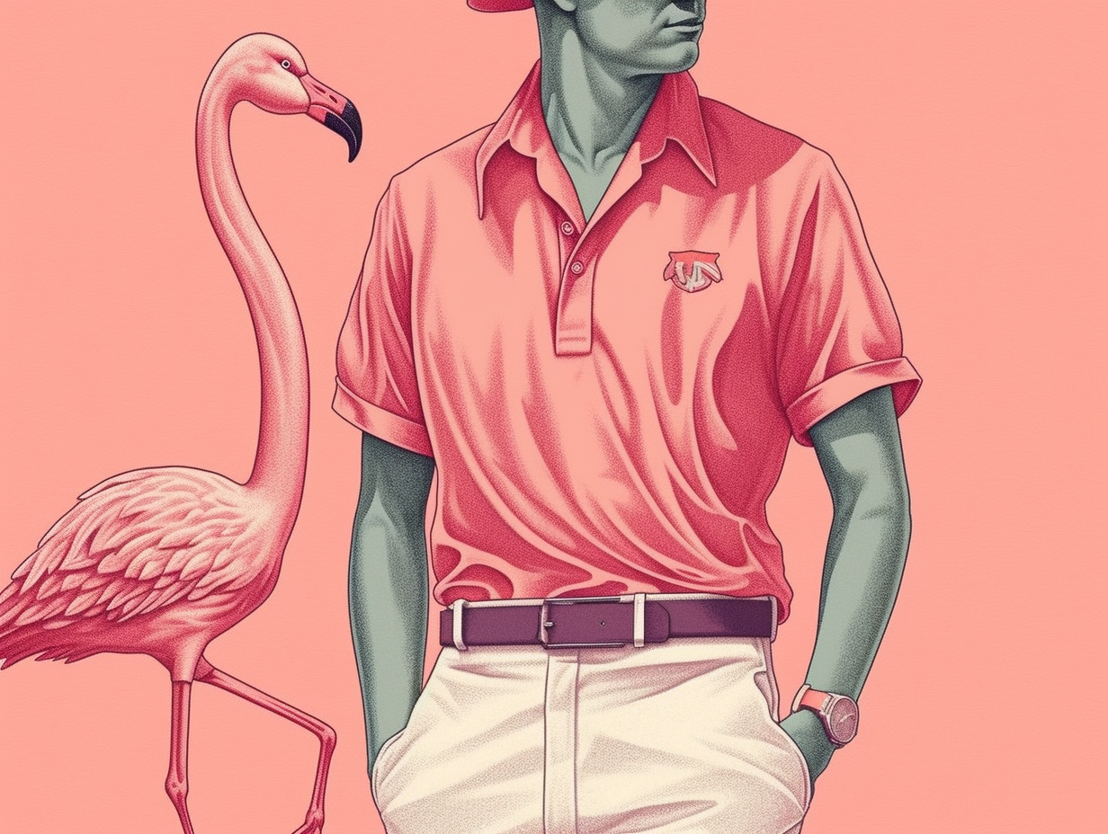 Confident flamingo in retro 80s style on yacht.