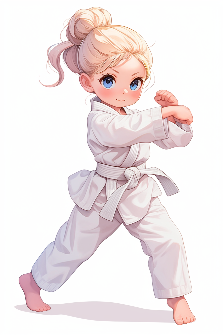 Confident girl practicing martial arts in kawaii style