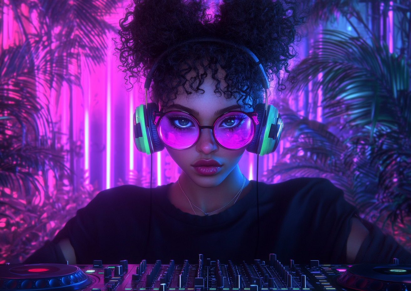 Confident kawaii punk catgirl DJ in neon jungle setting.