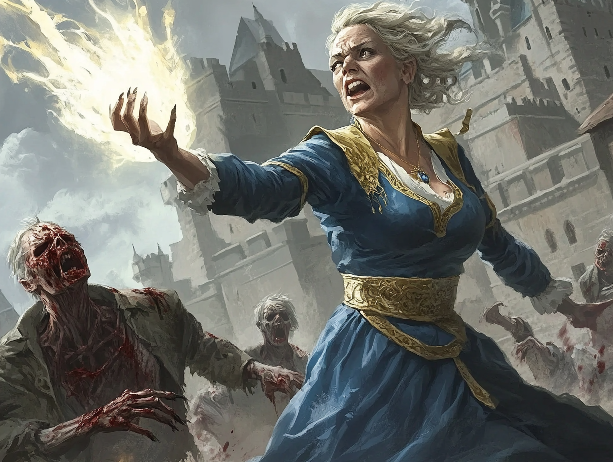 Confident mage banishes zombies from castle.