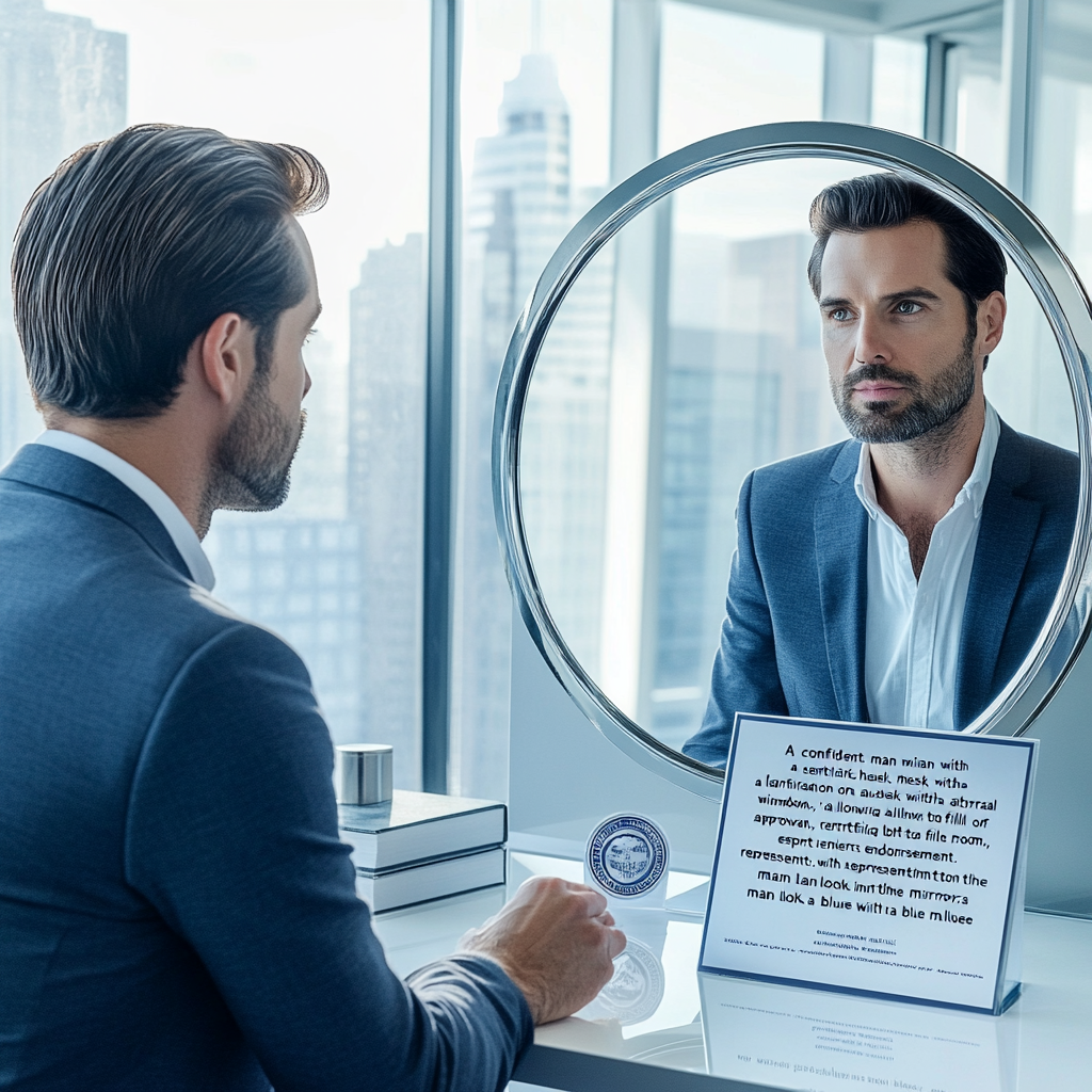 Confident man in office with full hair endorsement seal.