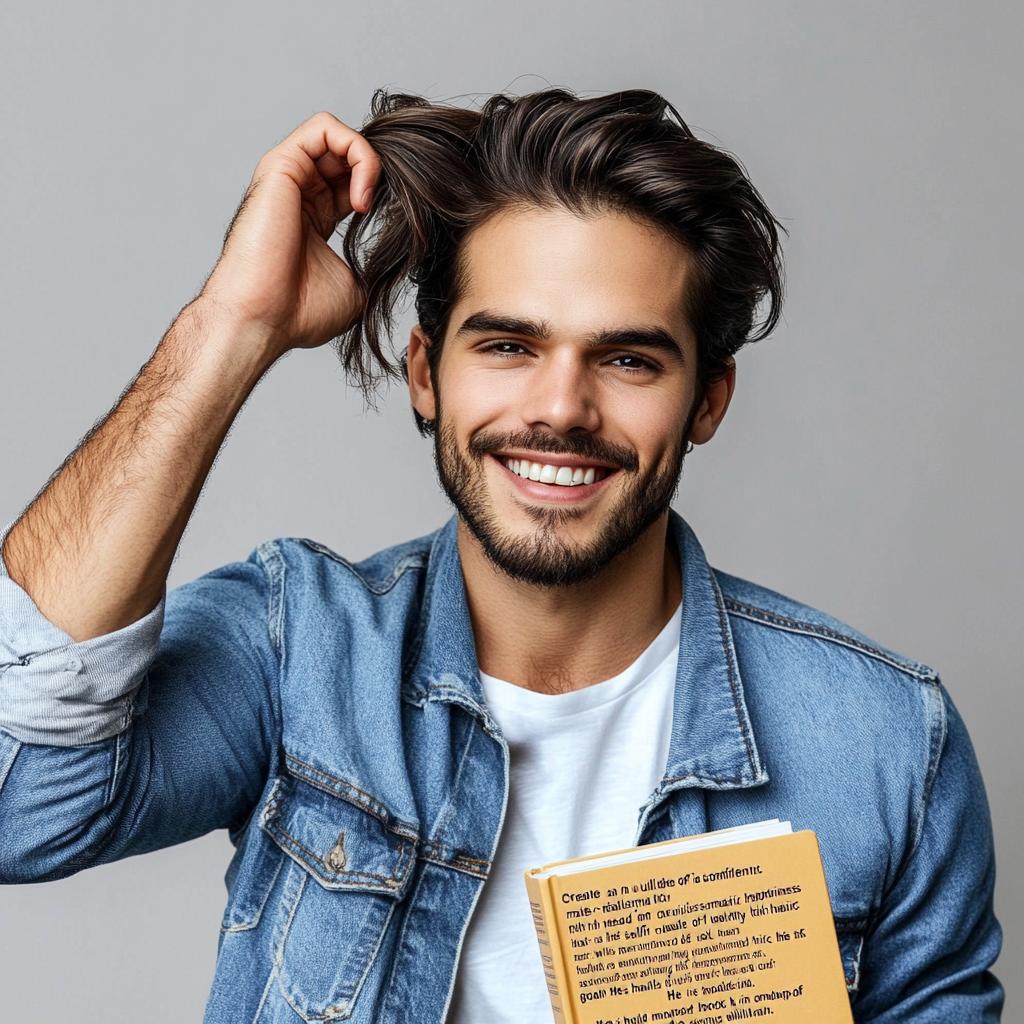 Confident man with perfect hair, smiling happily. Book mockup.