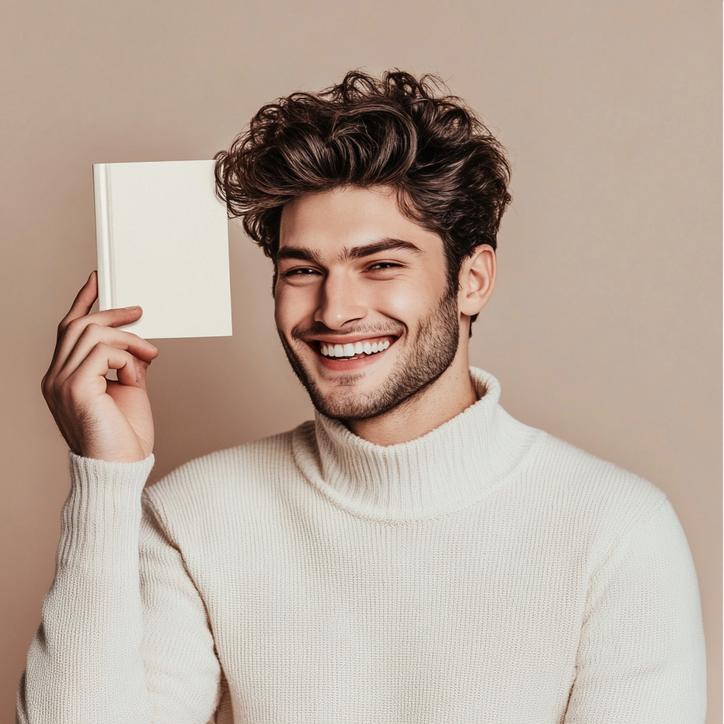 Confident man with thick, healthy hair holds book mockup.