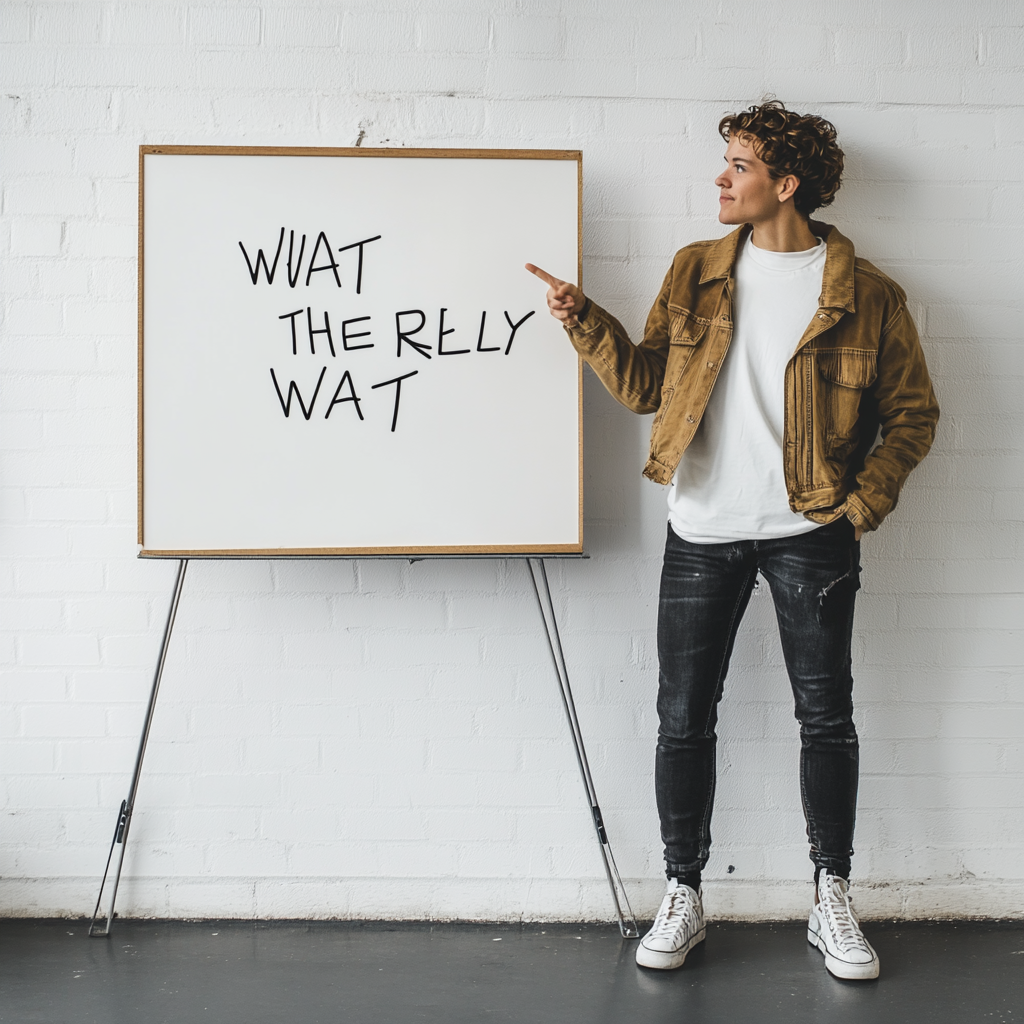 Confident person pointing at whiteboard with bold text.