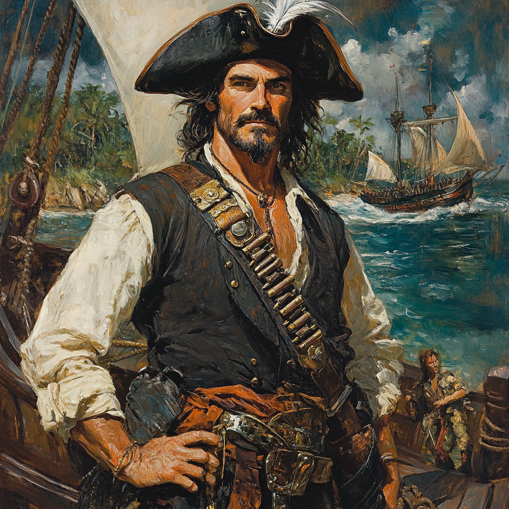 Confident pirate Jean Lafitte navigates treacherous waters on ship.